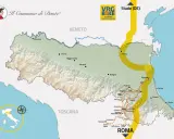 Mappa del Cammino di Dante, con le tappe da Piacenza a Roma, passando per Bologna e Firenze.