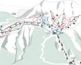 Mappa delle piste da sci di Piani di Bobbio, con sentieri rossi e blu, seggiovie e cabinovie. Indicazioni per Bergamo e Barzio.