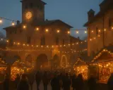 Mercatino natalizio a Grazzano Visconti, con bancarelle illuminate e gente che passeggia. Un'atmosfera magica per scoprire tante cose da fare a Grazzano Visconti.