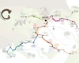 Mappa illustrata del Cammino di Oropa, un percorso tra santuari e borghi in Italia, con sentieri colorati che attraversano montagne e valli.