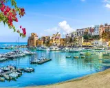 Un pittoresco porto con barche ormeggiate, case colorate su una collina e fiori rossi in primo piano, un'immagine che evoca la bellezza di Sardegna e Sicilia.
