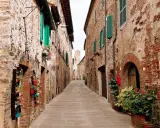 Un vicolo fiorito a Campagnatico, con case in pietra e persiane verdi. Un luogo incantevole da scoprire, tra scorci pittoreschi e storia.