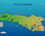 Mappa illustrata dell'isola presso Lampedusa, con spiagge, grotte, sentieri e luoghi d'interesse.