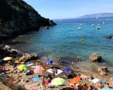 Spiaggia affollata con ombrelloni colorati e gente che nuota. Ecco come arrivare a Cala del Gesso per godersi questo mare cristallino.