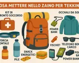 Zaino da trekking con kit pronto soccorso, torcia, snack, power bank, fischietto, occhiali da sole e giacca. Guida su cosa mettere nello zaino per 3 giorni.
