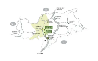 Mappa che mostra la posizione di Merano, con collegamenti a Zurigo, Monaco, Verona e altre località in Alto Adige.