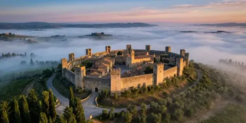 Borghi medievali immersi nella nebbia mattutina, con un castello fortificato che domina la collina. Un'immagine suggestiva dei borghi vicino Volterra.