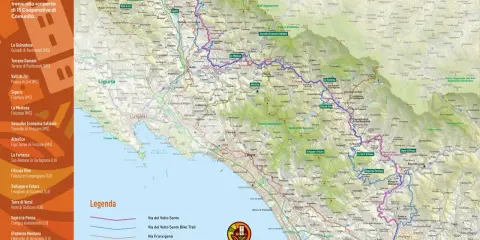 Mappa del percorso Via del Volto Santo, un viaggio di 150 km tra sentieri, bici e treno, attraverso la Toscana.