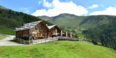 Malga Alto Adige, un rifugio in legno con tavoli all'aperto, circondato da verdi pendii e montagne boscose sotto un cielo azzurro con nuvole bianche.