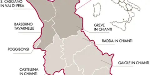 Mappa della Toscana che illustra la zona del Chianti. Le aree evidenziate mostrano la differenza tra Chianti e Chianti Classico, con i comuni principali.