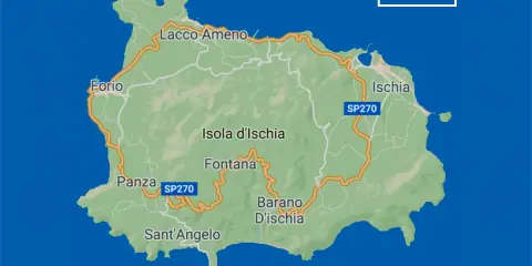 Mappa dell'isola d'Ischia, con le località di Forio, Lacco Ameno, Ischia, Panza, Sant'Angelo e Barano D'Ischia. Una strada costiera SP270 la circonda.