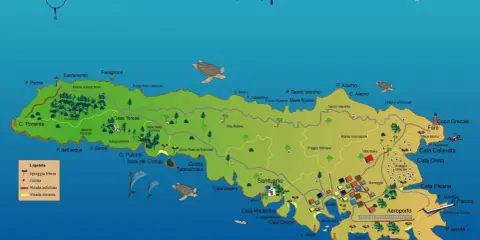 Mappa illustrata dell'isola presso Lampedusa, con spiagge, grotte, sentieri e luoghi d'interesse.