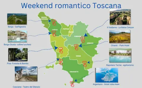 Mappa della Toscana con itinerari per un weekend romantico, inclusi tour cantine toscana, borghi e paesaggi mozzafiato.