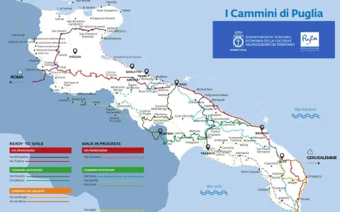 Mappa dei cammini in Puglia, con percorsi della Via Francigena e altri itinerari.