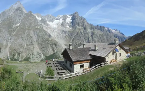 Rifugi in Piemonte facili da raggiungere, con vista su imponenti montagne innevate. Un luogo ideale per una pausa rilassante.