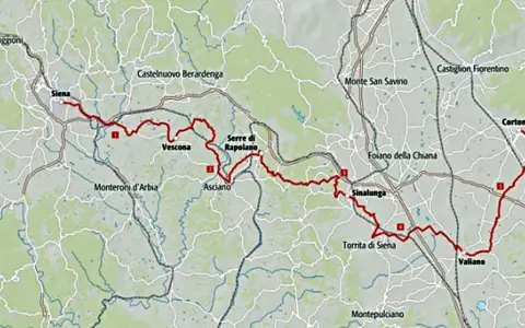 Mappa del percorso Via Lauretana Toscana, con tappe da Siena a Cortona, passando per Asciano e Sinalunga.