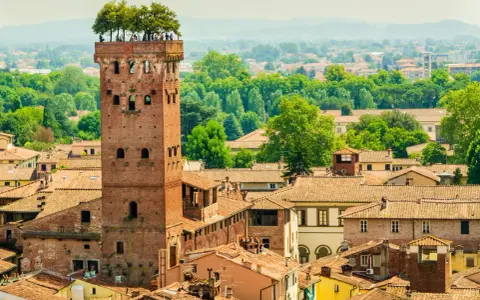 Torre Guinigi con alberi in cima, un'icona di Lucca. Perfetta per scoprire cosa vedere a Lucca in 2 giorni, con vista sui tetti e il verde della città.