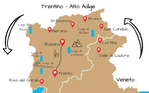 Mappa illustrata del Trentino-Alto Adige con tappe come Lago di Resia, Bolzano, Trento, Cortina. Un itinerario trentino alto adige da scoprire.