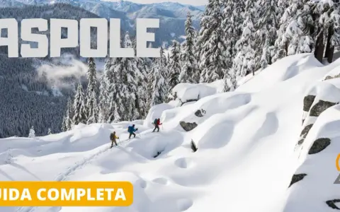 Tre escursionisti affrontano una ciaspolata sulla neve in un paesaggio montano innevato, con alberi coperti di bianco e cime sullo sfondo.