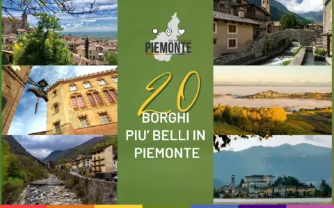 Collage di immagini che mostrano scorci di **borghi da visitare in Piemonte**, con il numero 20 e la scritta "Borghi più belli in Piemonte".