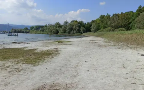 Spiaggia sabbiosa al lido di Lisanza, con barche a vela e persone che nuotano in un lago circondato da alberi.