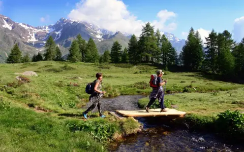 Due escursioniste attraversano un ruscello su un ponte di legno, godendosi un'attività in montagna tra prati verdi e cime innevate.