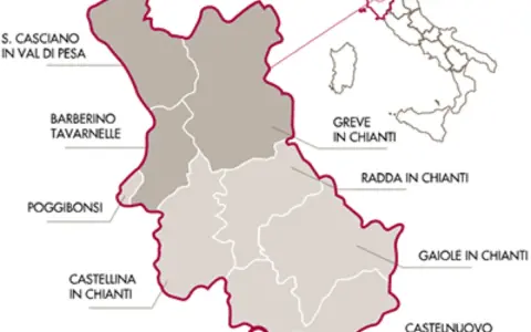 Mappa della Toscana che illustra la zona del Chianti. Le aree evidenziate mostrano la differenza tra Chianti e Chianti Classico, con i comuni principali.
