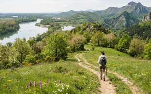 Donna con zaino e bastoncini da trekking su sentiero fiorito, godendosi le escursioni in Emilia Romagna con vista su fiume e montagne.