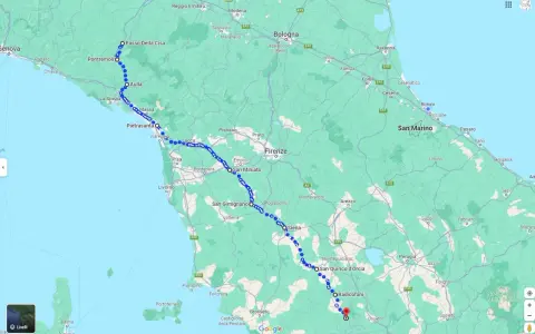 Mappa che mostra percorsi a piedi in Toscana, da Genova a Radicofani, passando per Lucca, Firenze, Siena e San Quirico d'Orcia.