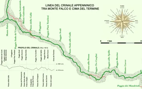 Sentiero sul crinale degli Appennini Emilia Romagna, da Monte Falco a Cima del Termine, con profilo altimetrico e rosa dei venti.