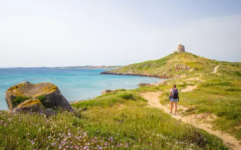 Sentiero panoramico per un tour Sardegna 7 giorni, con torre antica e mare turchese.