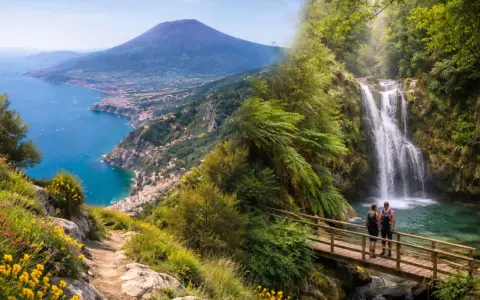 Sentiero costiera amalfitana: vista panoramica sul golfo con il Vesuvio e una cascata nascosta tra la vegetazione.