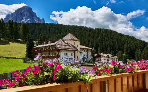 Fiori colorati su un balcone con vista su un hotel e le montagne, un'oasi di pace nei rifugi Val Gardena.