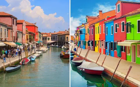 Canali di Burano e Murano, con case colorate e barche ormeggiate.