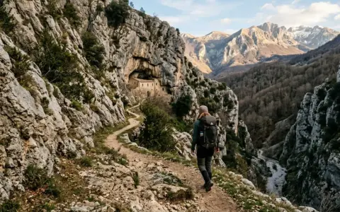 Escursionista su un sentiero dello spirito, con un antico eremo incastonato nella roccia e montagne sullo sfondo.