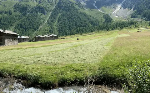 Case in pietra nel **Val di Rezzalo**, prati falciati e un ruscello che scorre ai piedi di montagne verdi e rocciose.