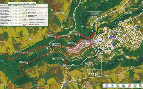 Mappa delle Vie Cave e sentieri, con itinerari che attraversano il centro storico Pitigliano e le sue necropoli.