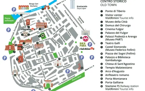 Mappa del centro storico di Rimini: scopri cosa vedere, dal Ponte di Tiberio al Tempio Malatestiano, passando per musei e parchi.