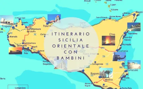 Mappa della Sicilia con itinerario di 7 giorni per famiglie. Include immagini di Etna, Taormina, Siracusa e templi greci.