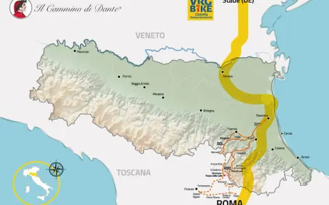 Mappa del Cammino di Dante, con le tappe da Piacenza a Roma, passando per Bologna e Firenze.