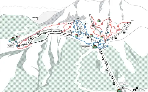 Mappa delle piste da sci di Piani di Bobbio, con sentieri rossi e blu, seggiovie e cabinovie. Indicazioni per Bergamo e Barzio.