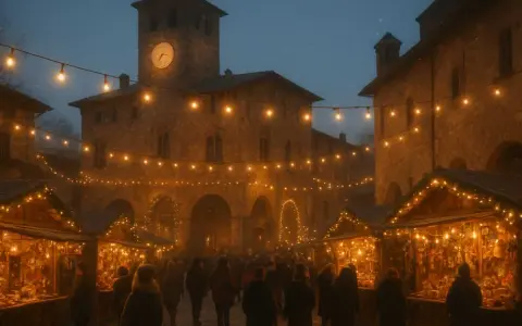 Mercatino natalizio a Grazzano Visconti, con bancarelle illuminate e gente che passeggia. Un'atmosfera magica per scoprire tante cose da fare a Grazzano Visconti.