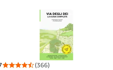 Guida completa per la Via degli Dei in 4 giorni. Illustrazione di un paesaggio montano con un escursionista.