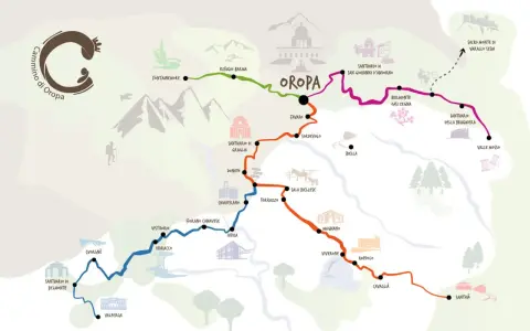 Mappa illustrata del Cammino di Oropa, un percorso tra santuari e borghi in Italia, con sentieri colorati che attraversano montagne e valli.
