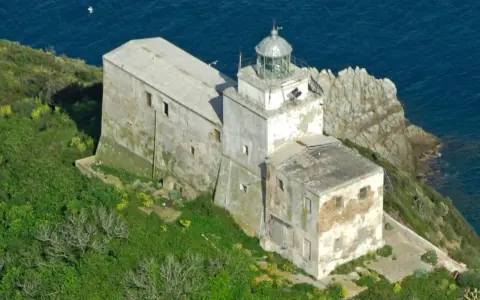 Faro abbandonato sull'isola di Palmaiola, con edifici in rovina e vegetazione rigogliosa che abbraccia la costa rocciosa.