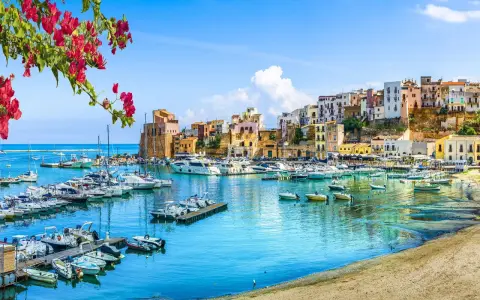 Un pittoresco porto con barche ormeggiate, case colorate su una collina e fiori rossi in primo piano, un'immagine che evoca la bellezza di Sardegna e Sicilia.