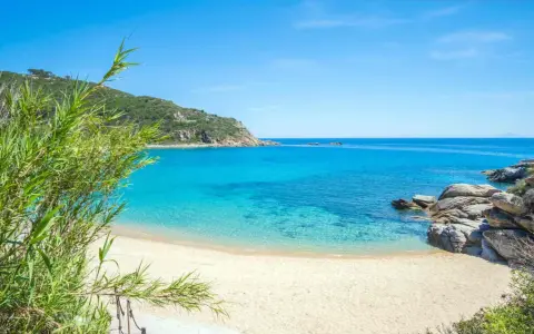 Spiaggia incantevole con sabbia bianca toscana, acque cristalline e vegetazione rigogliosa.