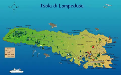 Mappa illustrata dell'isola presso Lampedusa, con spiagge, grotte, sentieri e luoghi d'interesse.