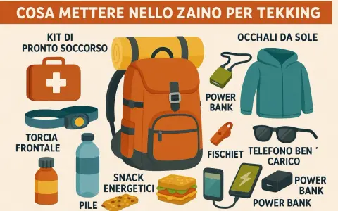 Zaino da trekking con kit pronto soccorso, torcia, snack, power bank, fischietto, occhiali da sole e giacca. Guida su cosa mettere nello zaino per 3 giorni.