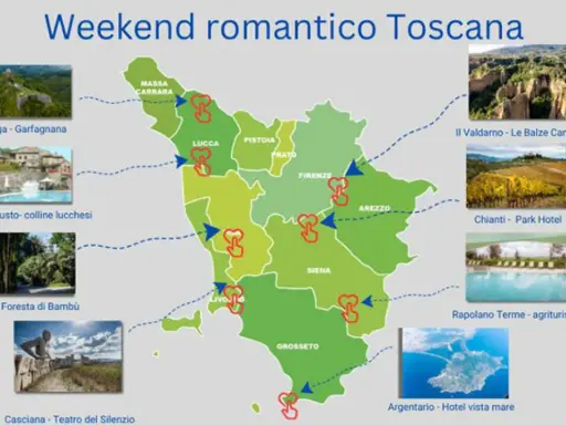 Mappa della Toscana con itinerari per un weekend romantico, inclusi tour cantine toscana, borghi e paesaggi mozzafiato.
